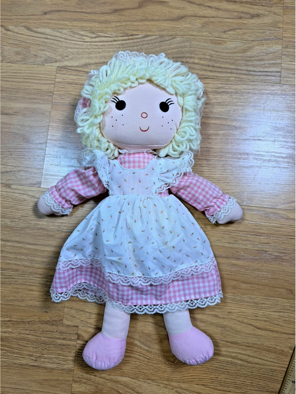 Vintage Rag Doll Blonde Yarn Hair Pink Gingham Dress Floral Apron Plush 16 Inch